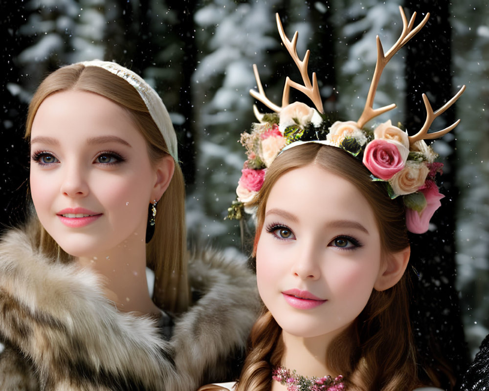 Women in elaborate antler headpieces with floral decorations in snowy setting