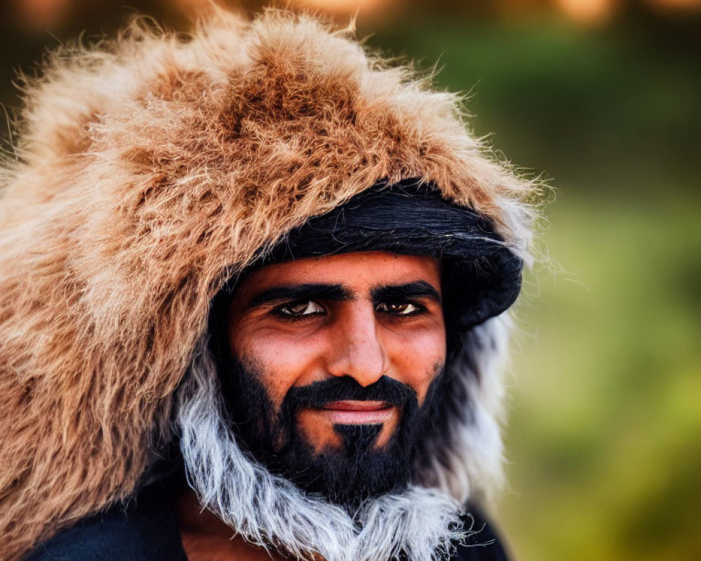 Portrait of a person in fur-lined hood and headscarf outdoors