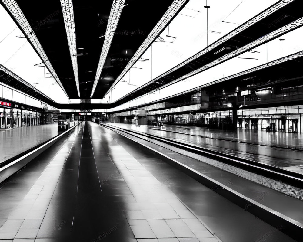 Modern empty train station with glossy floors and multiple railway tracks.