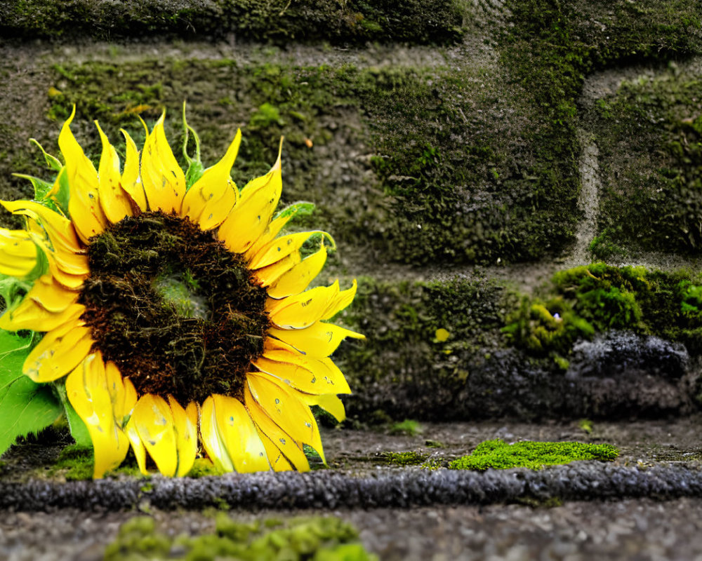 Vibrant sunflower against moss-covered stone wall