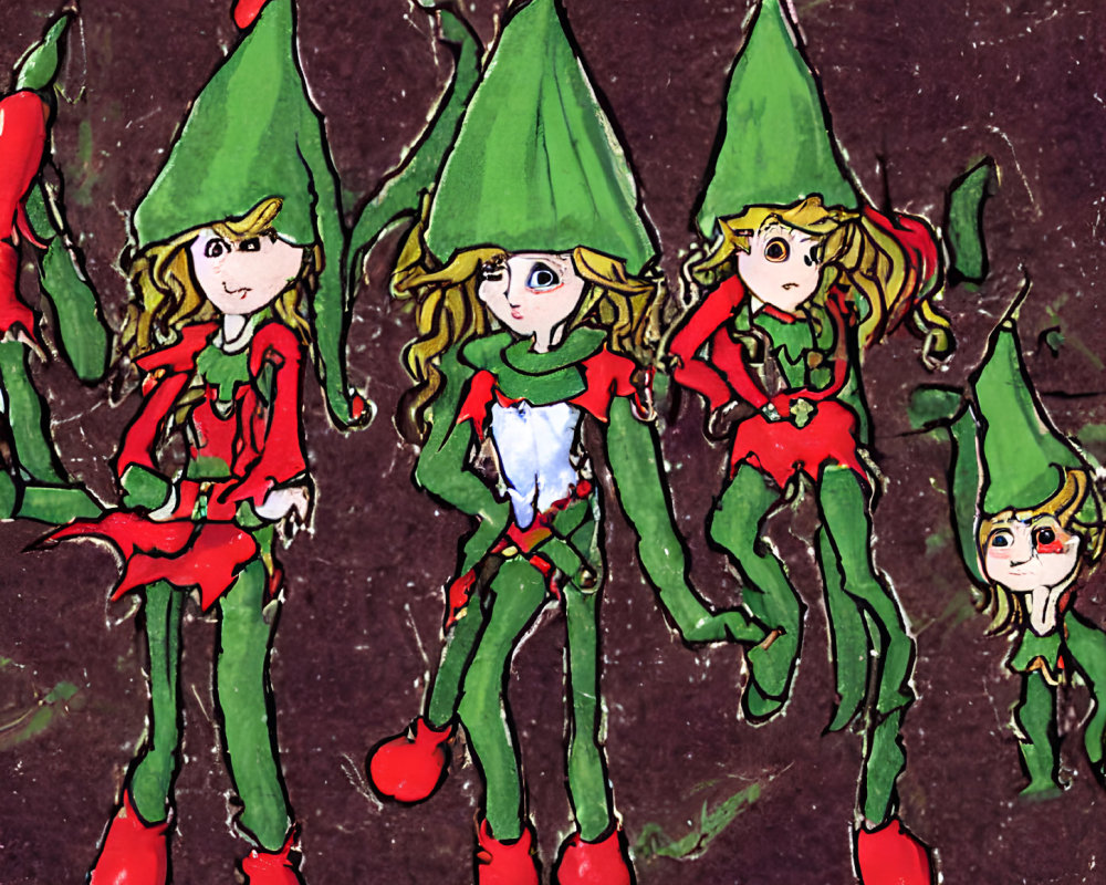 Whimsical elves in green attire on maroon backdrop