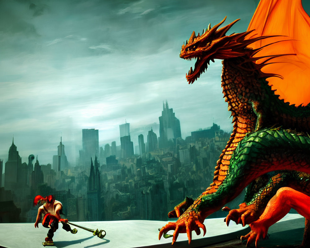 Skateboarder performs trick with dragon in dystopian cityscape