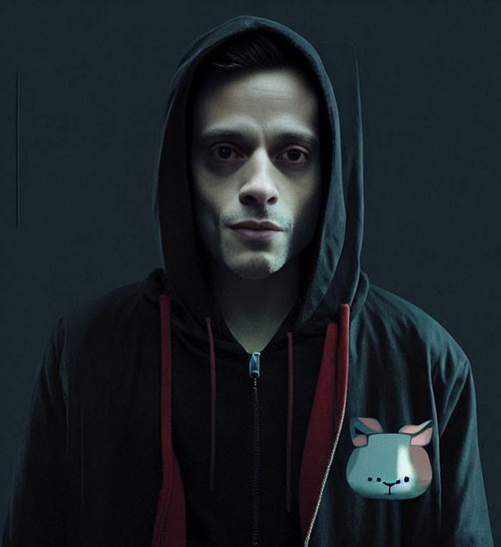 Serious man in dark hoodie with cartoon animal on chest against dark background