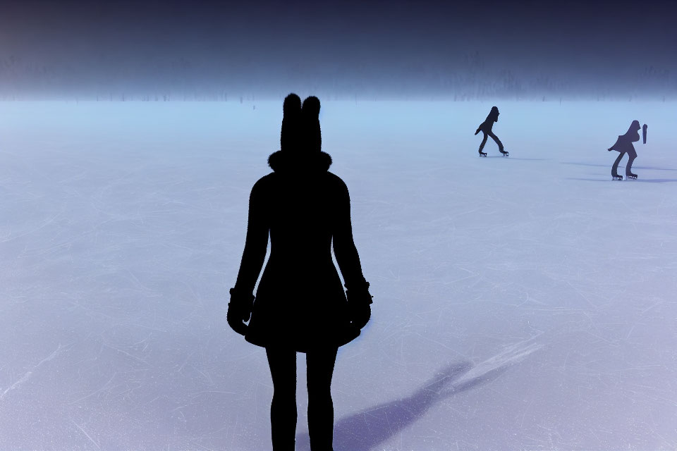 Person with beanie and backpack on icy surface with blurred skaters in background