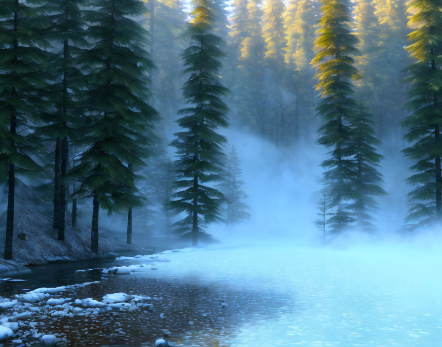Misty forest scene with glowing pine trees by riverbank