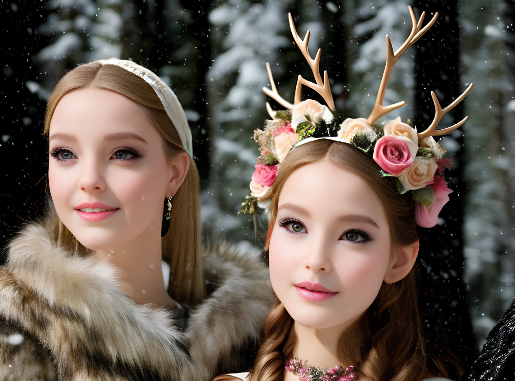 Women in elaborate antler headpieces with floral decorations in snowy setting