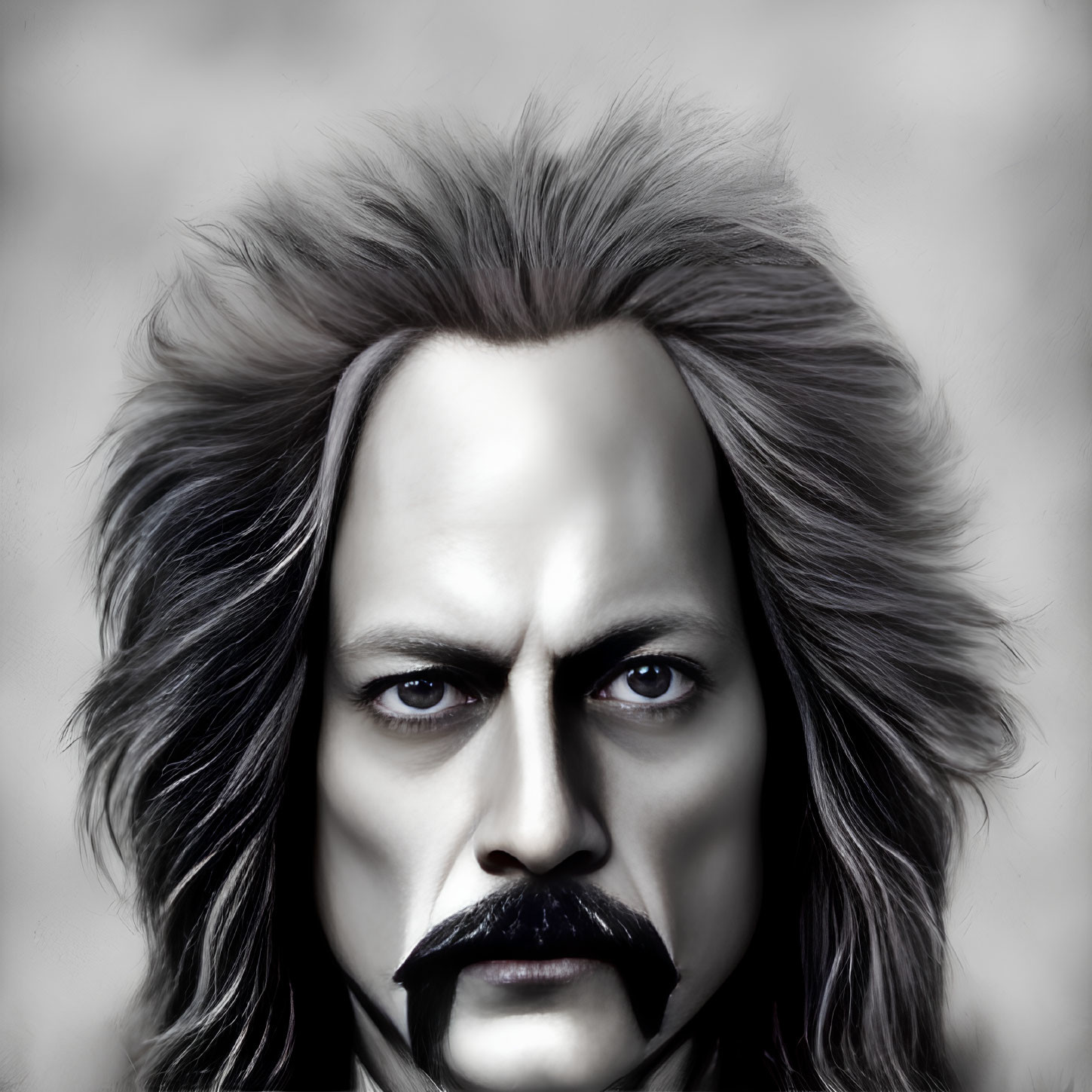 Detailed digital portrait of stern-faced person with intense eyes and dark mustache