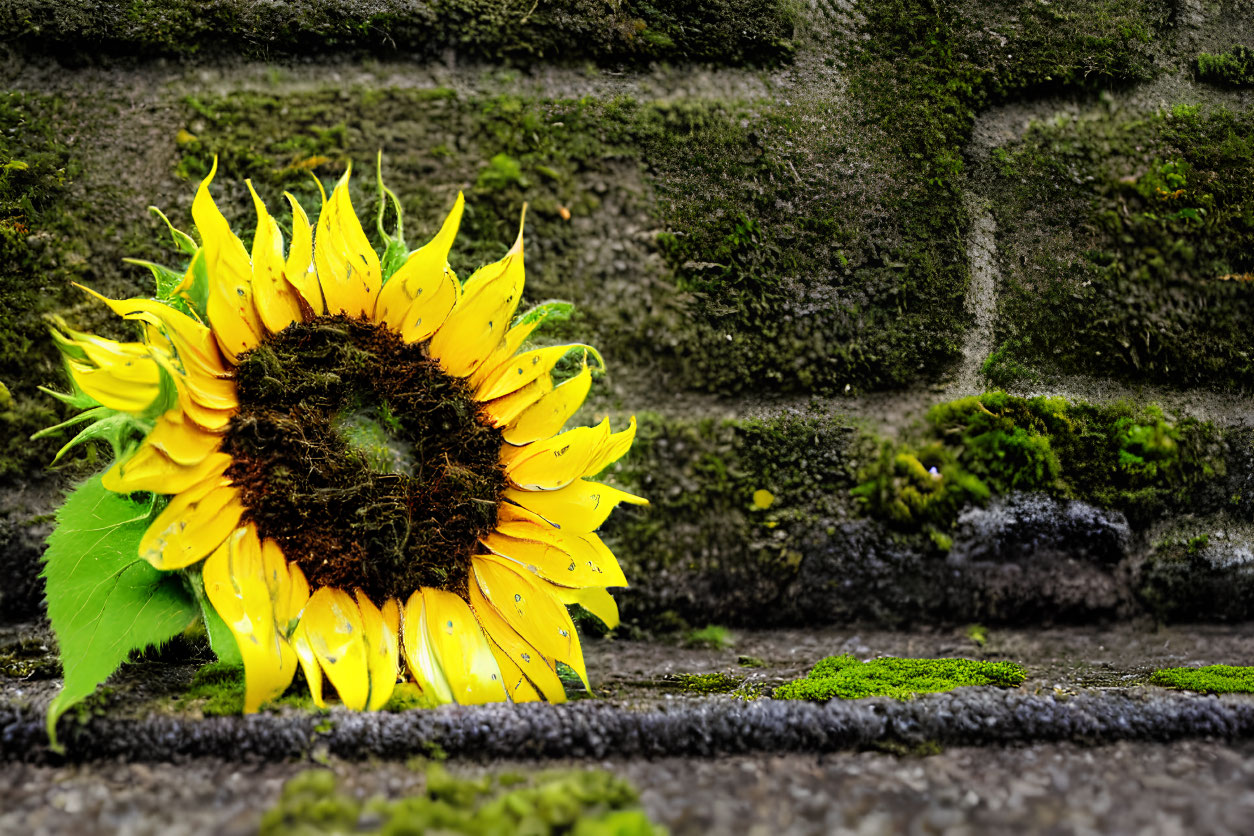 Vibrant sunflower against moss-covered stone wall