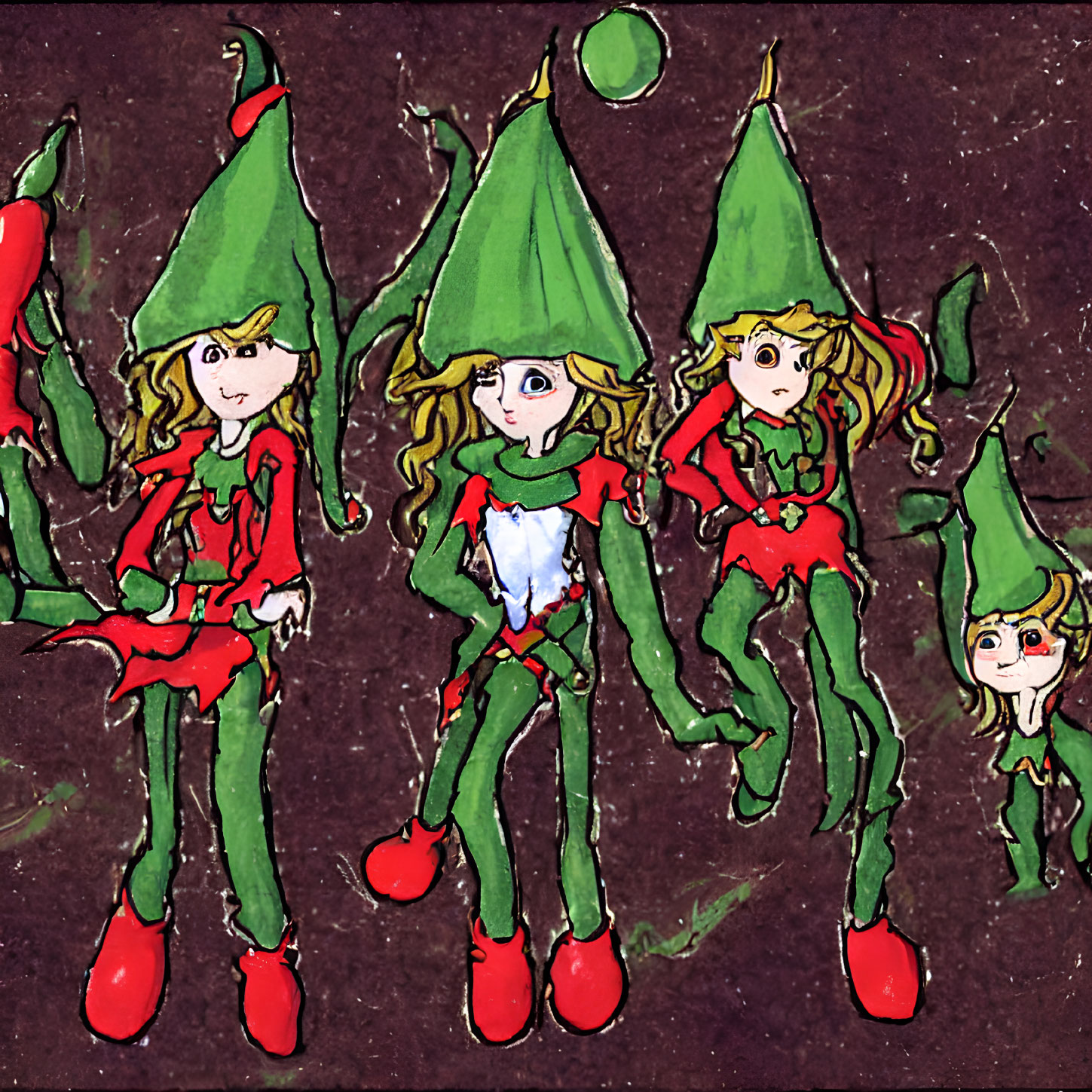 Whimsical elves in green attire on maroon backdrop