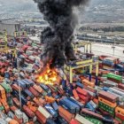 Aerial view of buildings engulfed in devastating fire