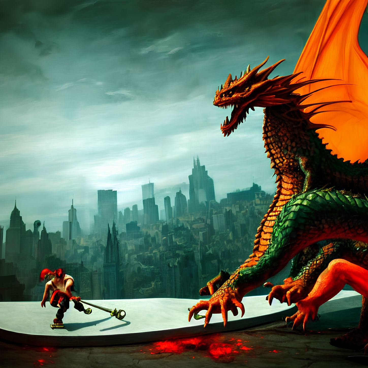 Skateboarder performs trick with dragon in dystopian cityscape