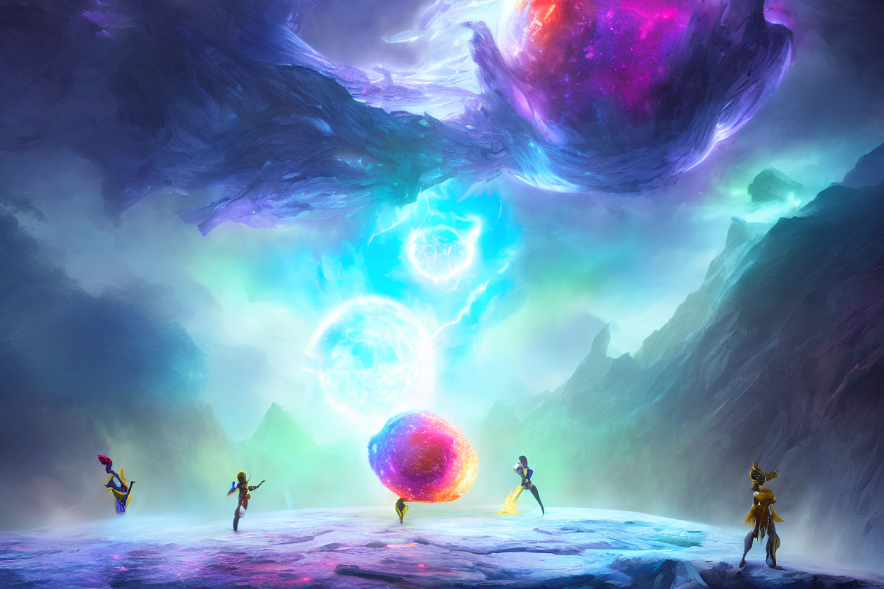 Ethereal landscape with floating orbs and silhouetted figures