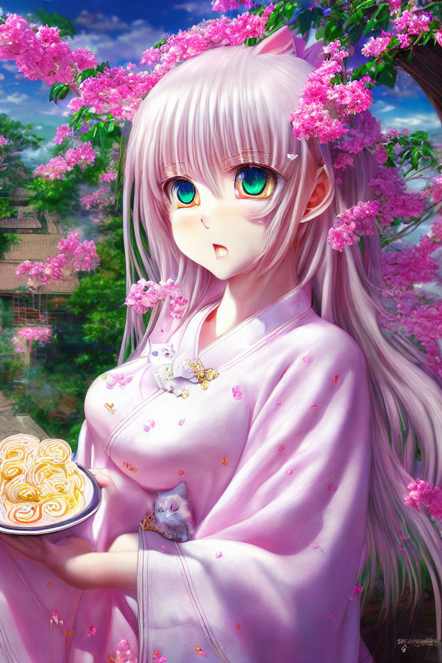 Silver-haired girl in pink kimono under cherry blossoms with heart ornament and kitten