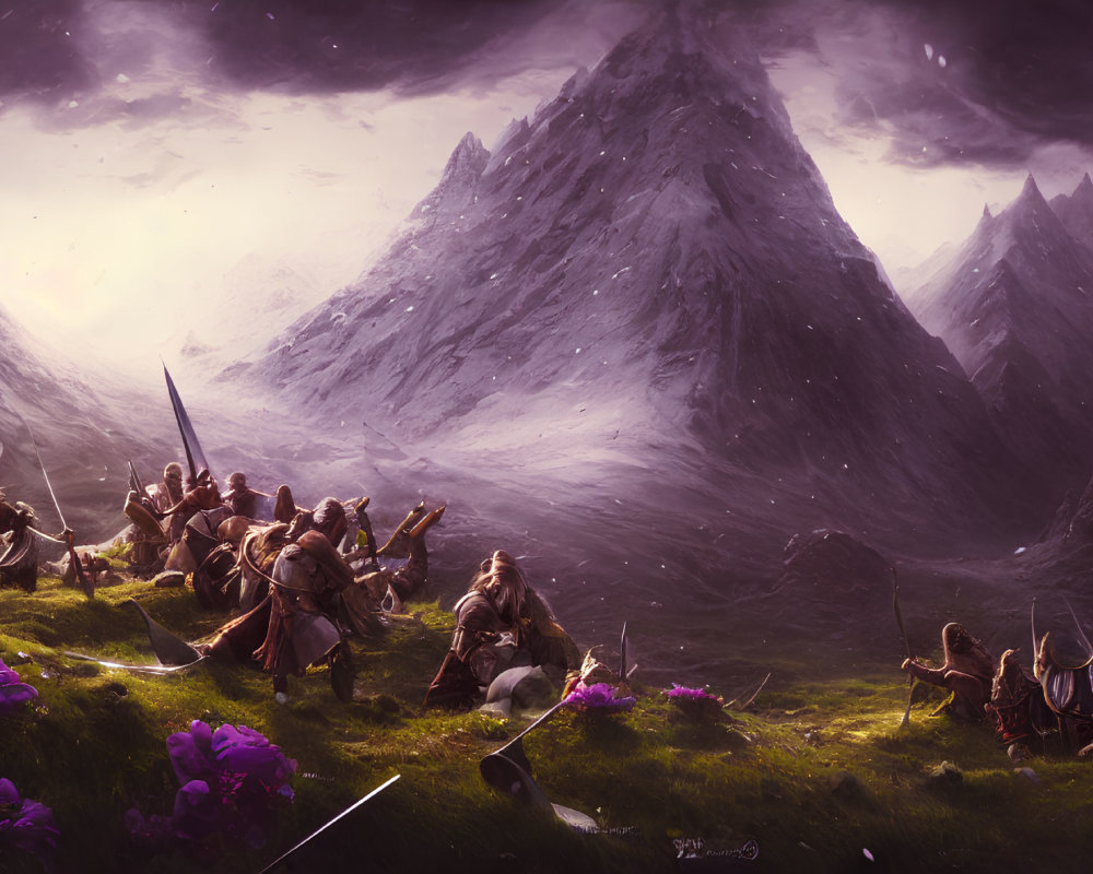 Warriors in fantasy battle charging through mountainous landscape