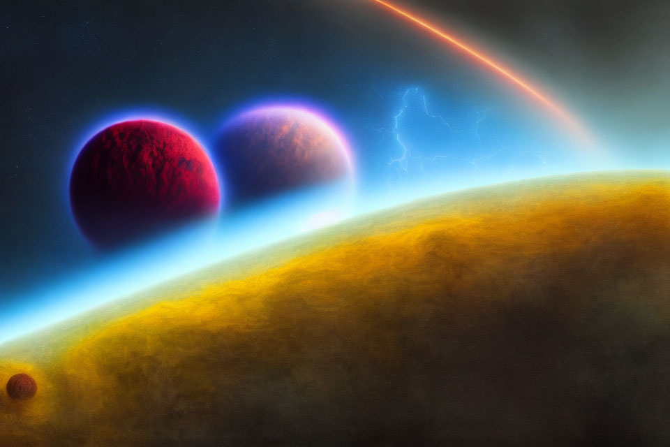 Vivid space illustration: Two red planets, blue glows, small planet, starry sky,