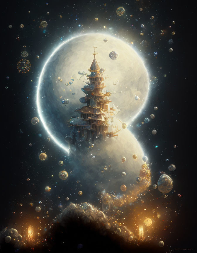 Fantasy tower under moonlight with floating bubbles and lights