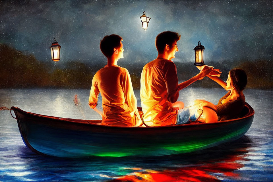 Three People in Boat under Starry Night Sky with Lanterns and Star Gazing, Colorful Water