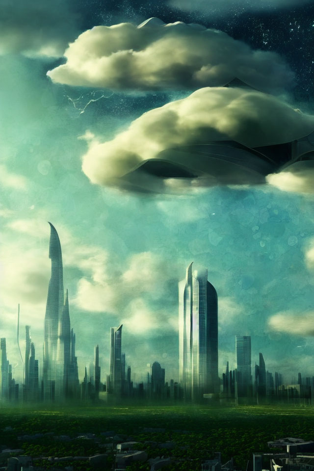 Futuristic cityscape with towering skyscrapers and floating structures under stormy sky