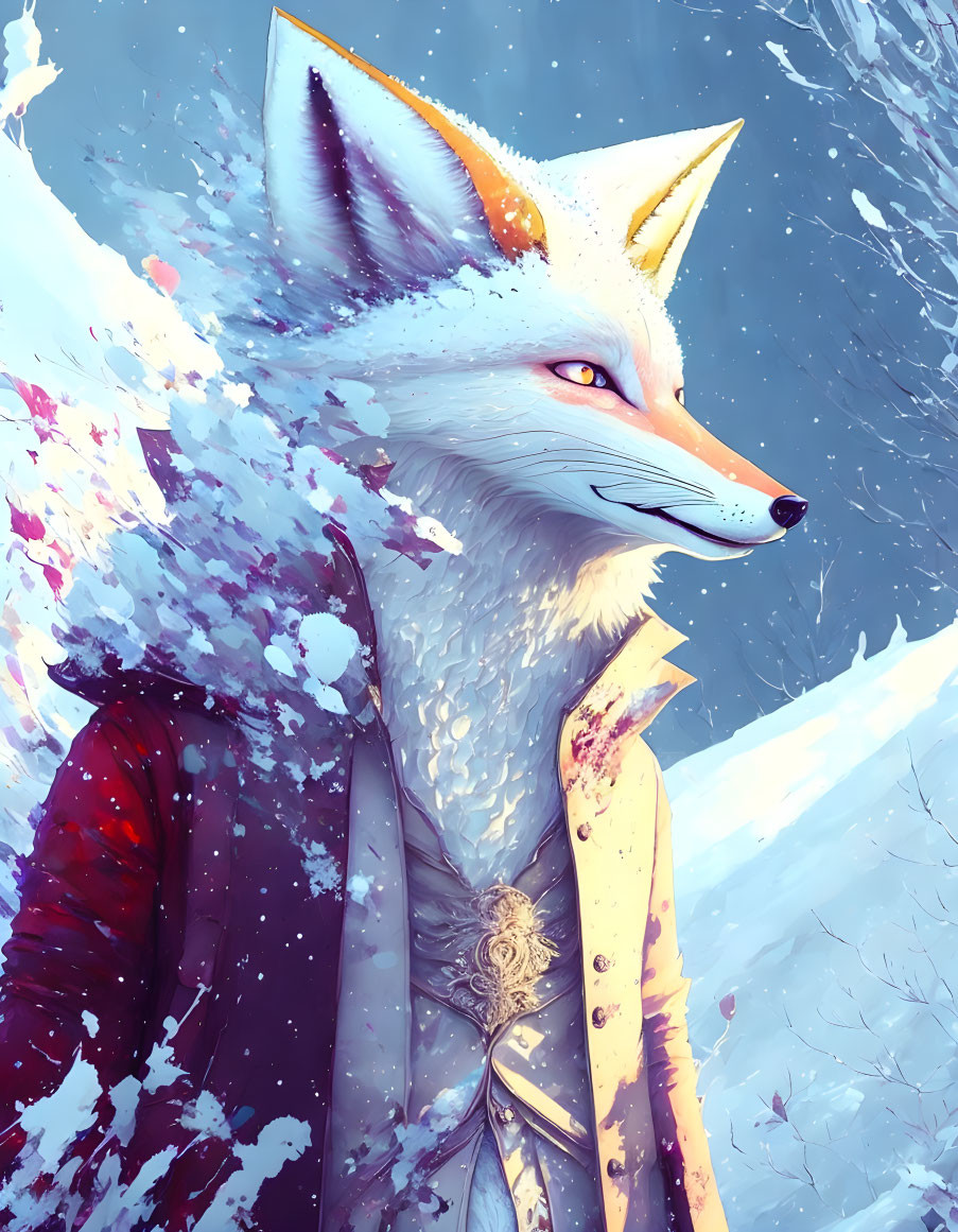 Elegant anthropomorphic fox in snowfall scene