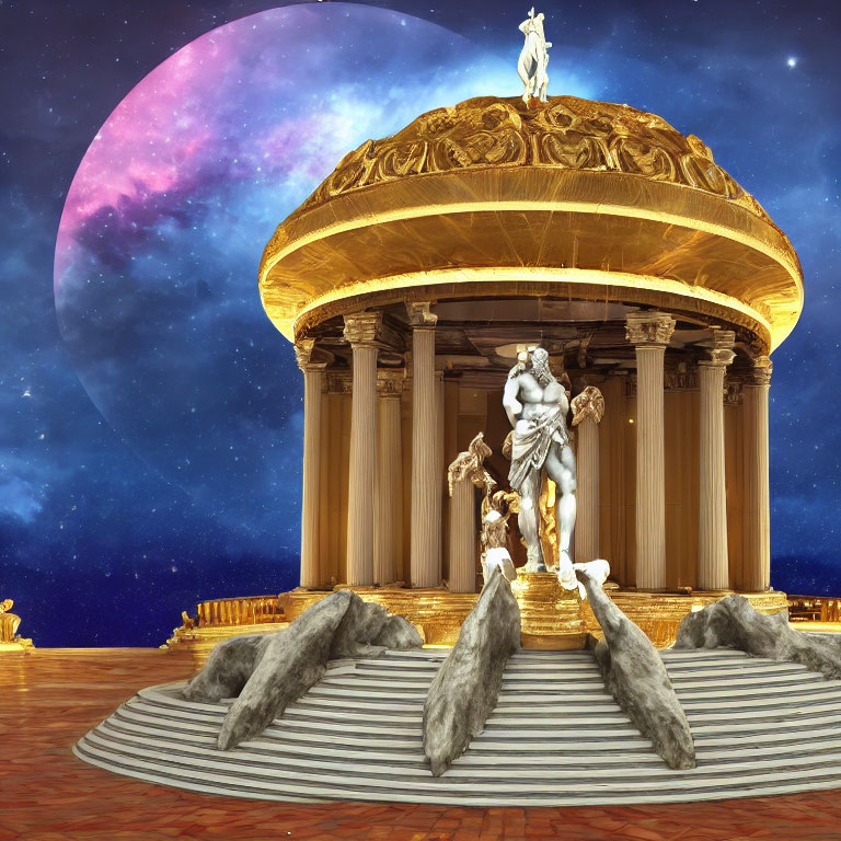 Classical rotunda with statues under starry night sky and seal-like stone sculptures.