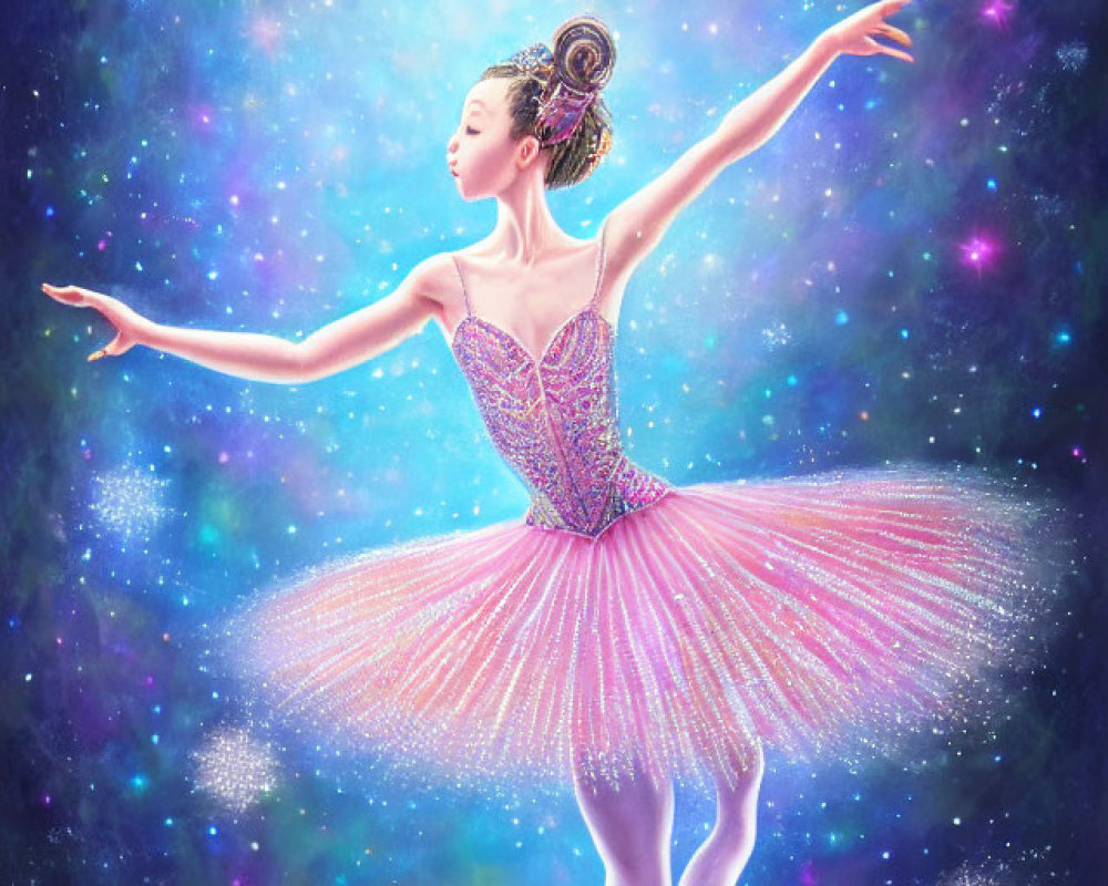 Ballet dancer in pink tutu poses against cosmic starry background