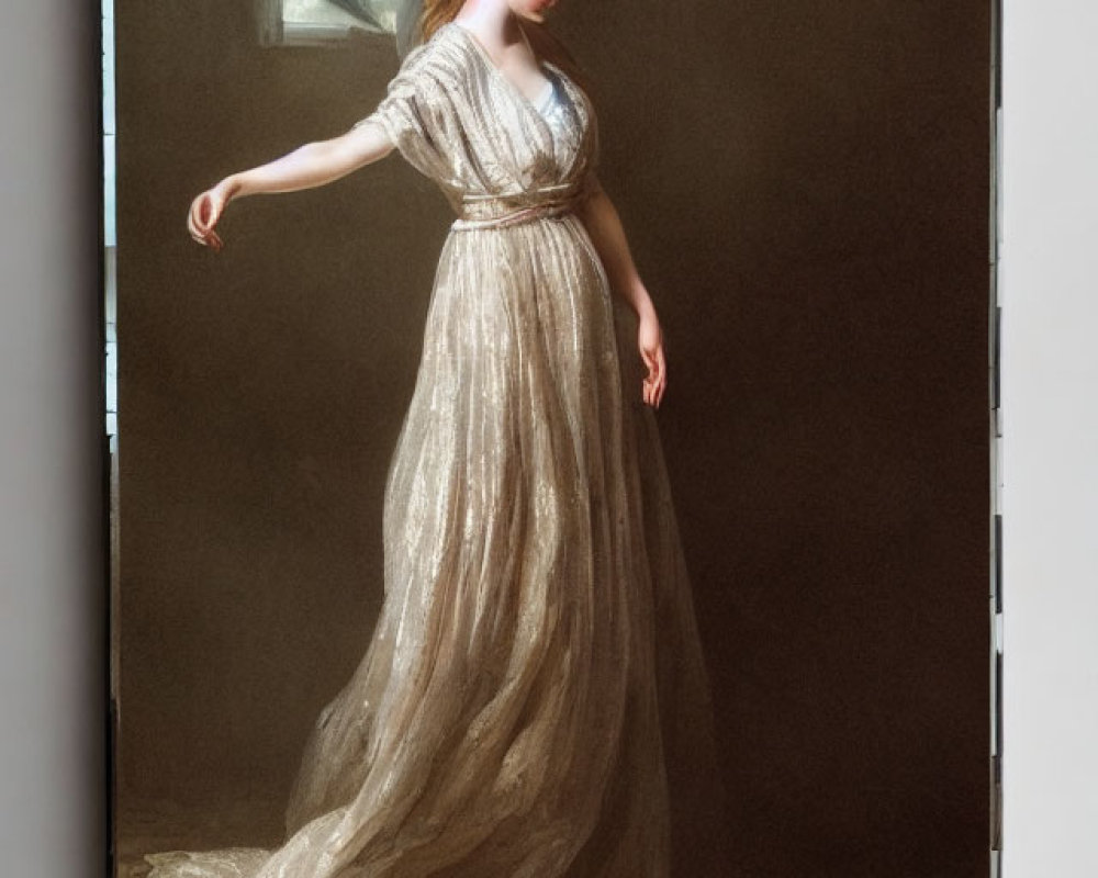 Ethereal woman in white gown standing in dark room