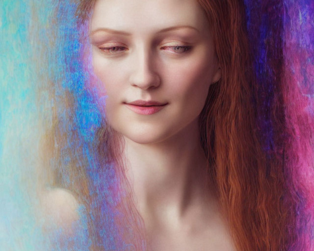 Serene red-haired woman in soft, colorful aura with eyes closed