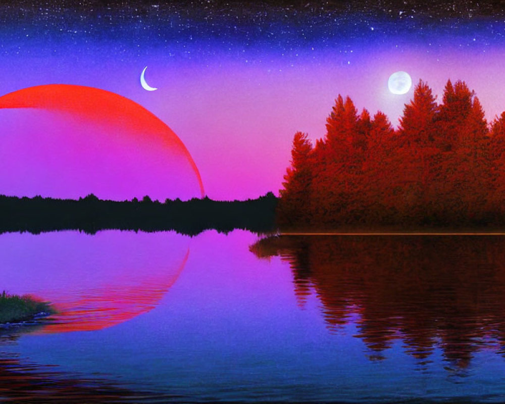 Surreal landscape with starry sky, crescent moon, red planet, lake, and forest