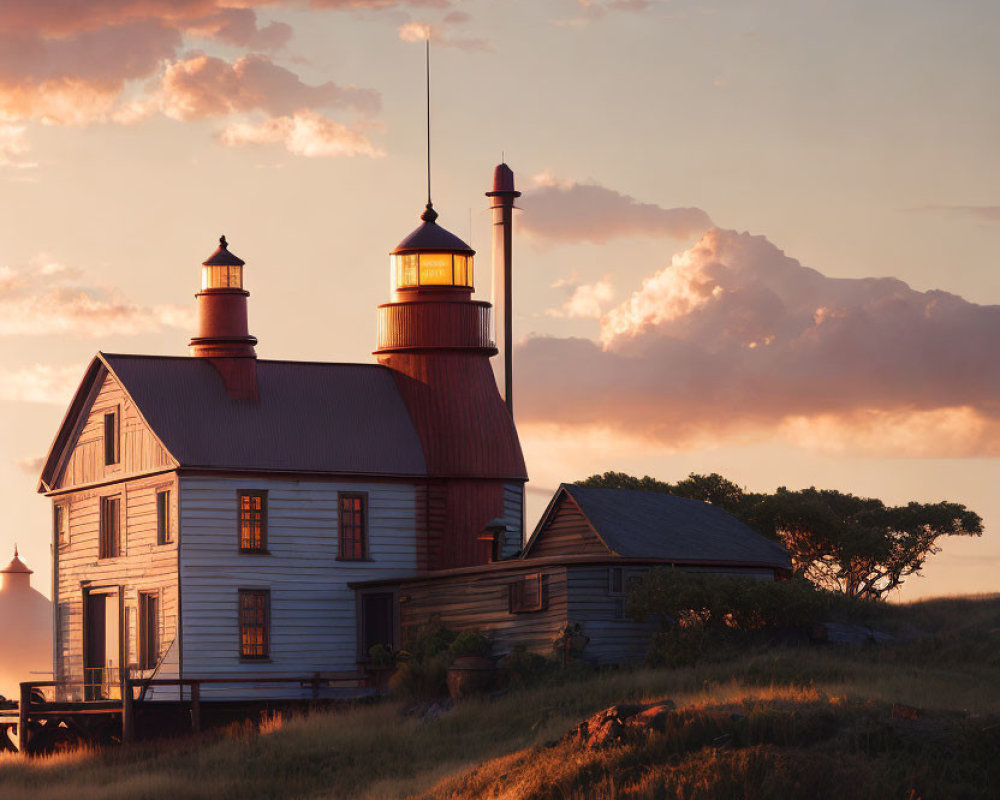 Tranquil sunset scene with lighthouse and building on grassy coastline