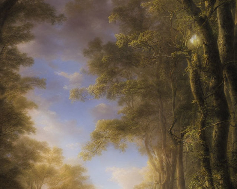 Ethereal forest scene: Two riders on horseback under sunlight