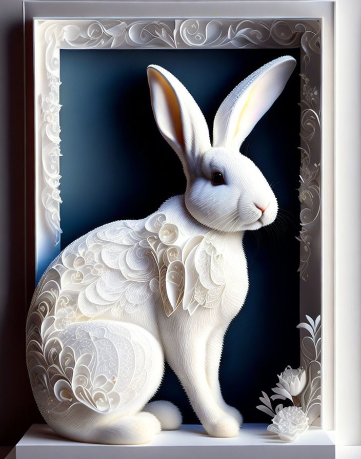 White Rabbit with Ornamental Patterns in Decorative Frame on Dark Background