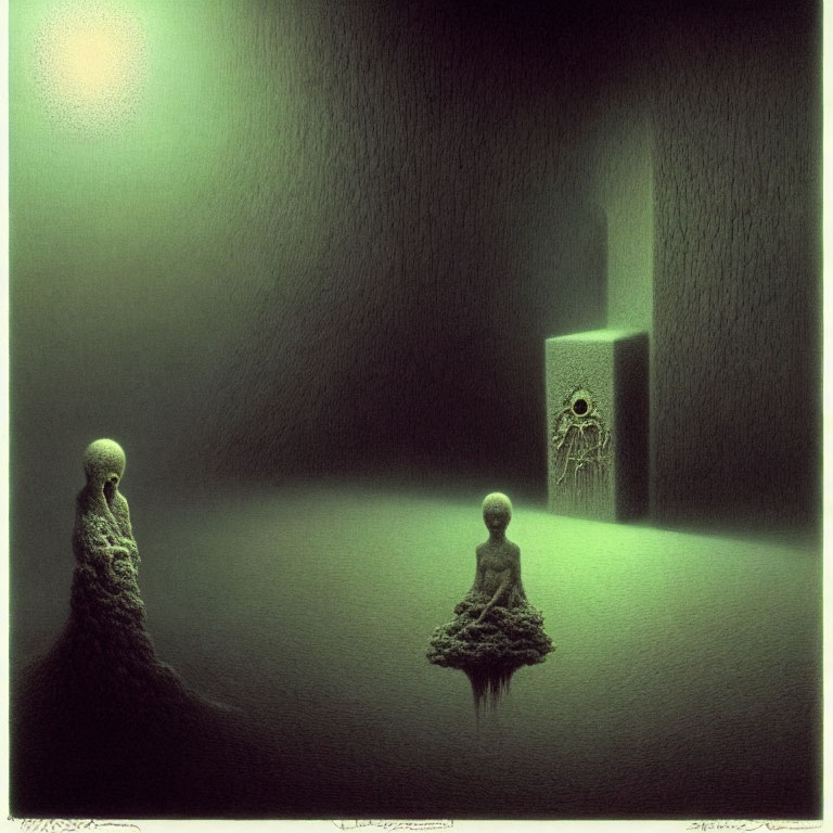 Surreal humanoid figures in moss-like texture near glowing doorway