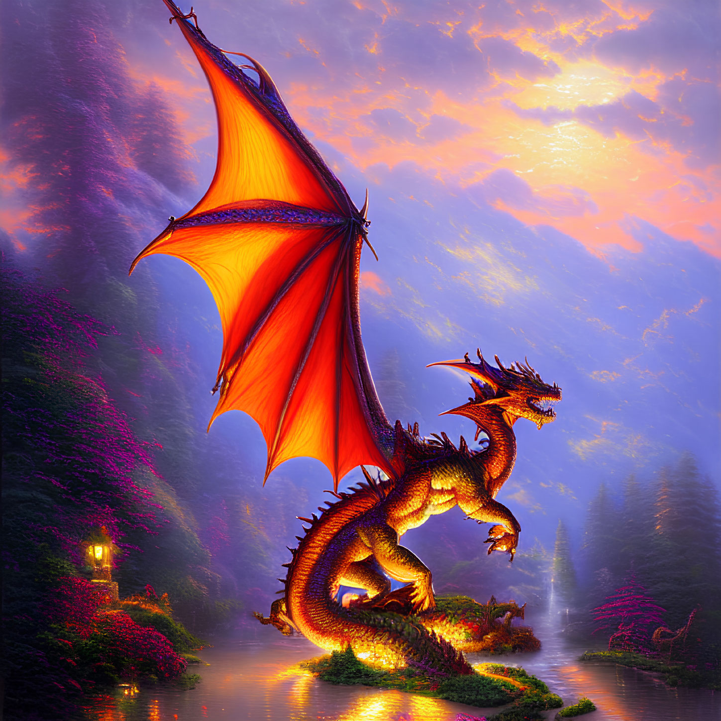 Majestic red dragon with outstretched wings in purple forest at sunset