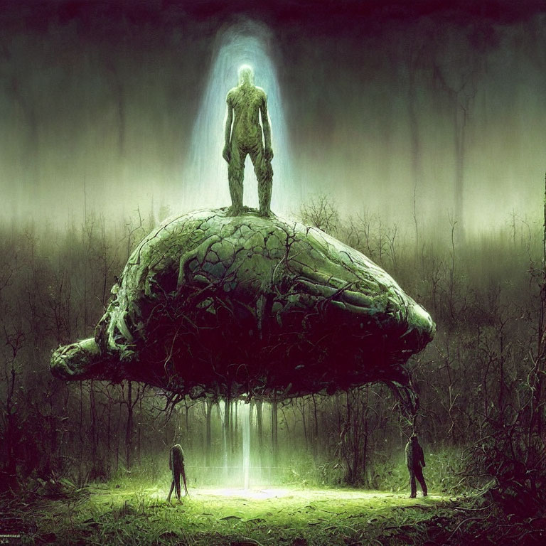 Mysterious overgrown object emitting light with figures in forest