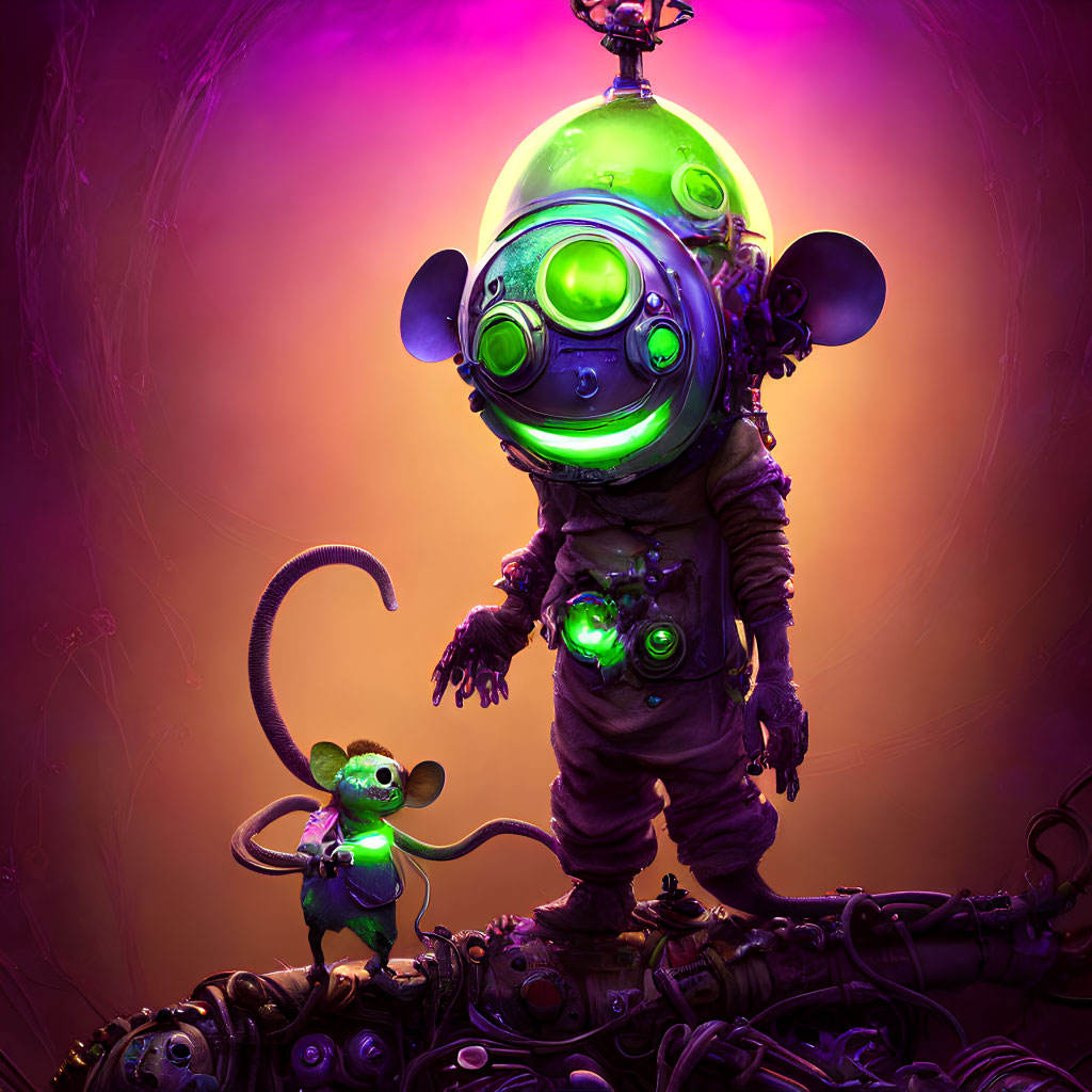 Stylized astronaut and mouse in matching gear on purple background