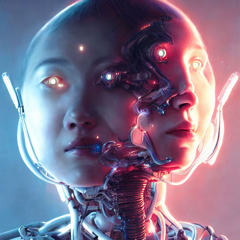 Reflective humanoid robot with cybernetic head and illuminated eyes