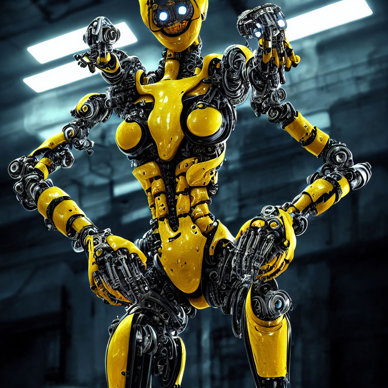 Yellow and black robotic humanoid in industrial setting