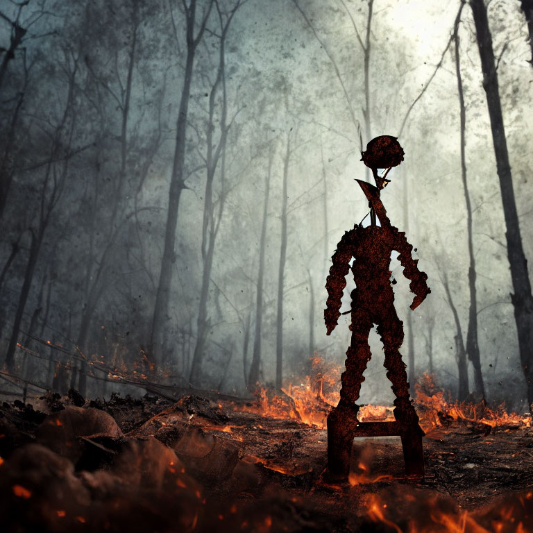 Silhouetted figure in fiery forest landscape under ominous sky