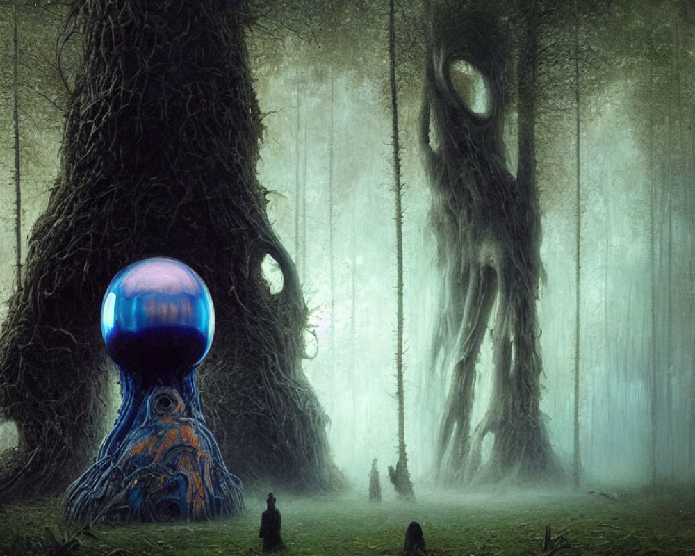 Mystical forest with towering trees and figures near colorful orb