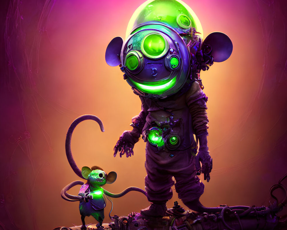 Stylized astronaut and mouse in matching gear on purple background