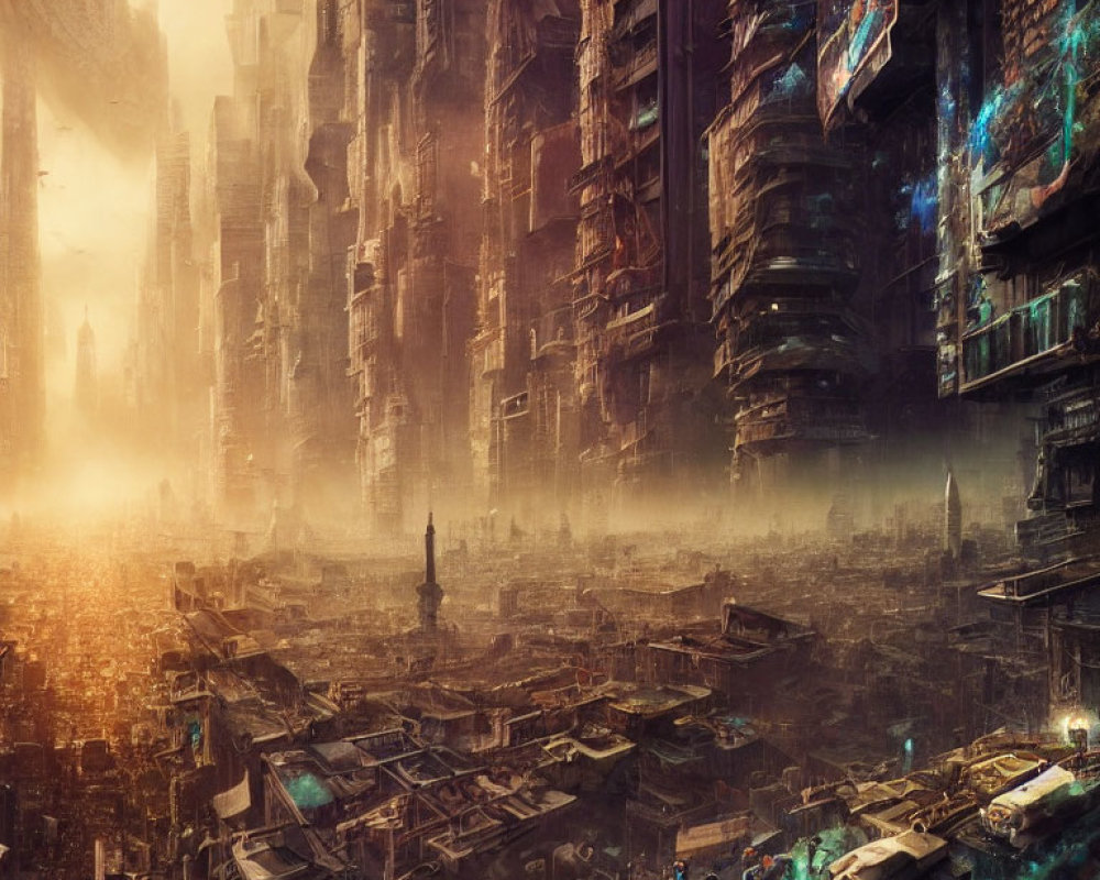 Dystopian cityscape with towering buildings and neon signs