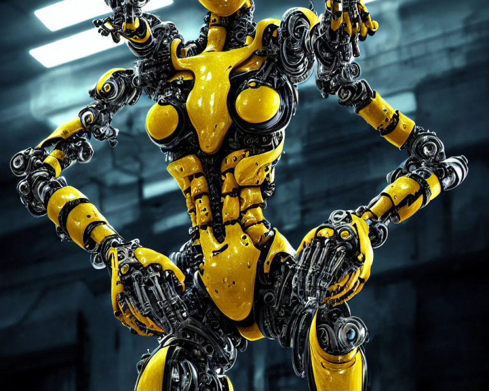 Yellow and black robotic humanoid in industrial setting