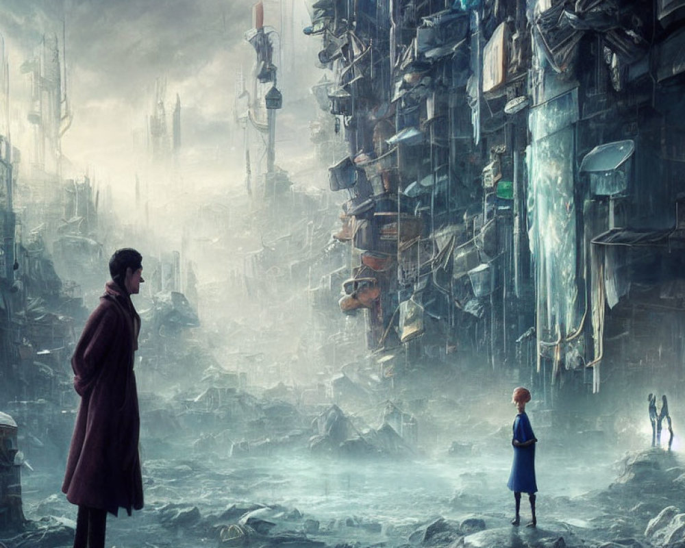 Man in coat gazes at chaotic cityscape with child in blue in dystopian setting