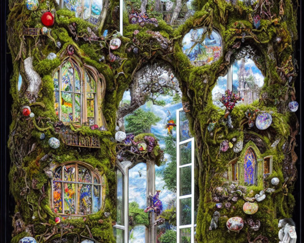 Intricate enchanted forest scene with ornate windows and mysterious figure