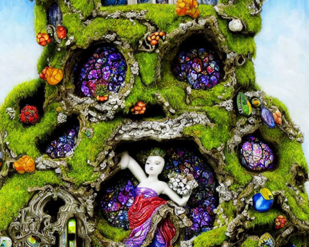 Vibrant fairy figure in mossy tree house with flowers and mushrooms