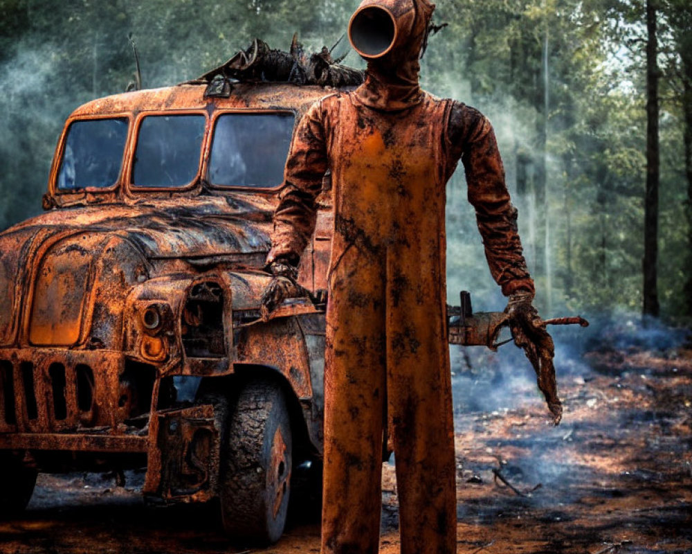 Vintage hazmat suit figure near rusty vehicle in smoky forest with weapon