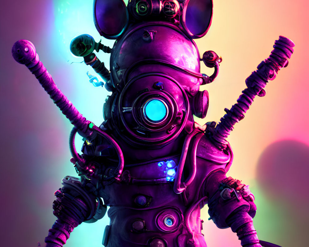 Colorful whimsical robot with multiple arms on vibrant backdrop