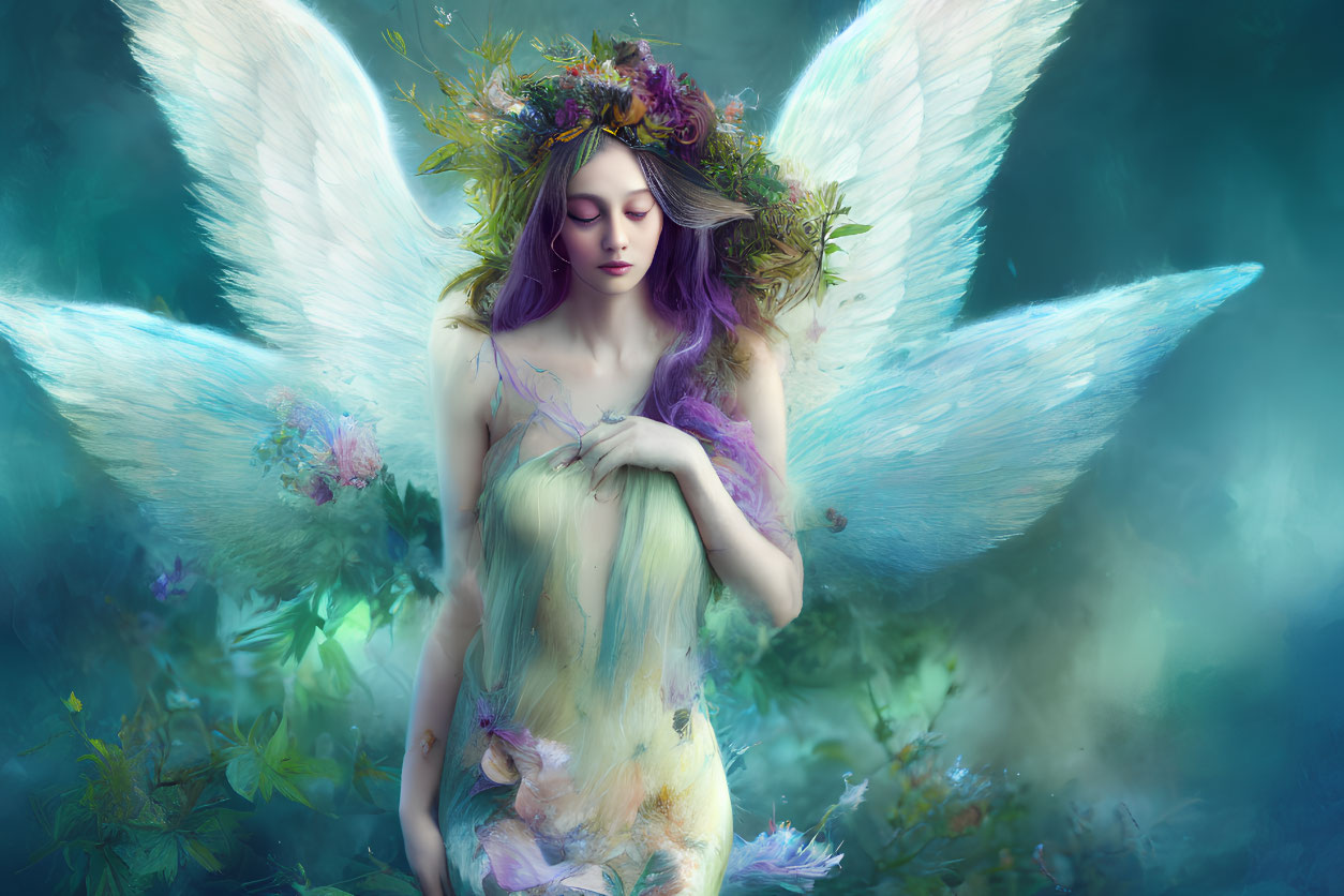 Mystical fairy with translucent wings and purple hair in ethereal blue glow