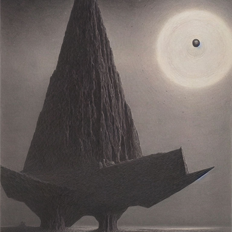 Detailed pencil drawing of textured mountain with sailing boat under luminous sun or moon.