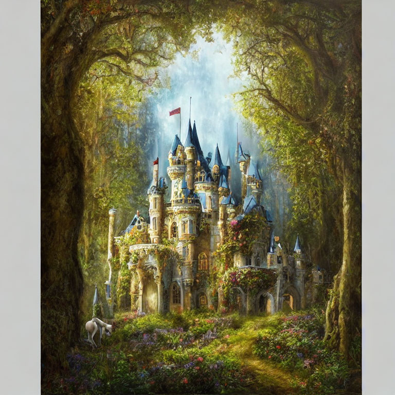 Enchanting castle with spires in magical forest with unicorn